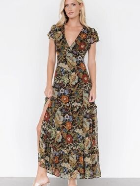 Olive Multi Floral V-Neck Maxi Dress with Short Flutter Sleeves